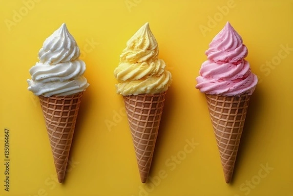 Fototapeta Colorful Ice Cream Cones Arranged on Yellow Background Perfect for Summer Treats