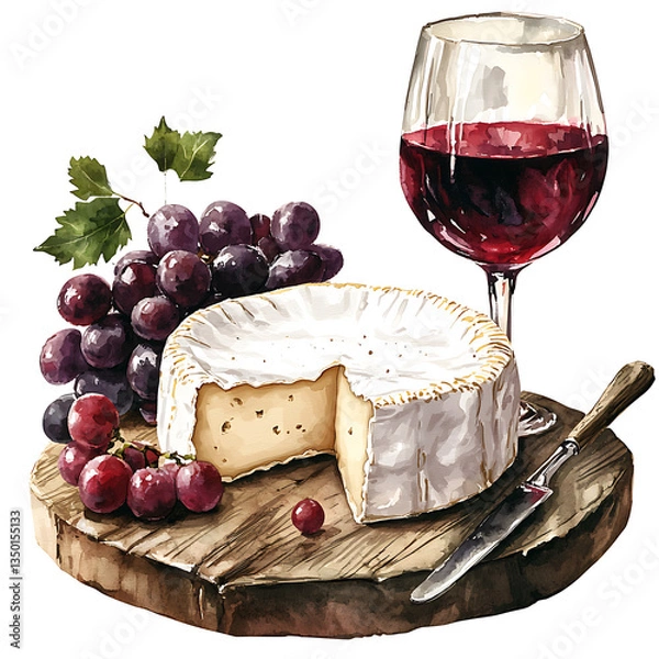 Fototapeta Grapes cheese with a slice cut red wine in glass and knife on a rustic wooden board.