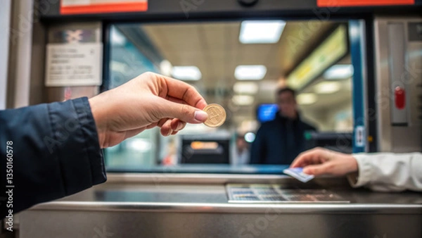 Fototapeta hand is offering coin ticket booth, symbolizing transaction. scene captures interaction between customer and service