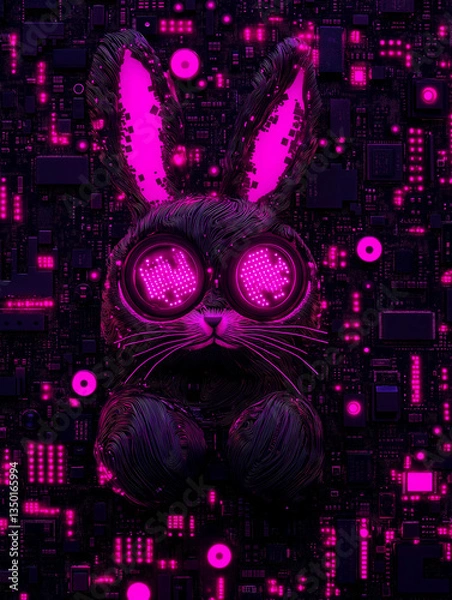 Fototapeta Cyberpunk Easter art with glowing tech bunny. Neon pet on circuit board