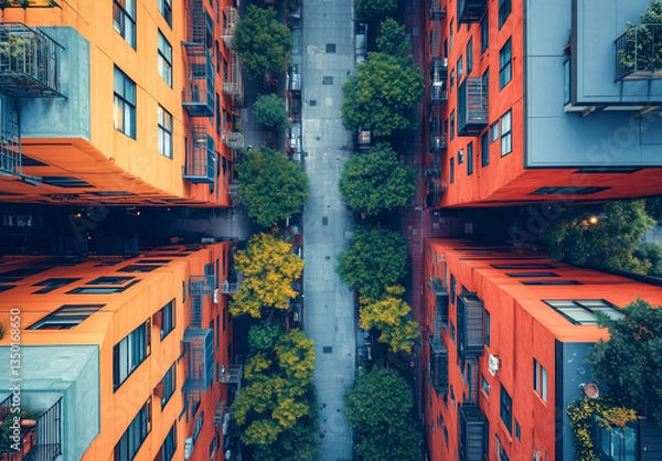 Fototapeta Overhead view of colorful apartment buildings and lined trees in an urban setting during the daytime