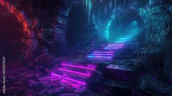 Fototapeta A mysterious underground lair with vibrant neon steps descending into darkness