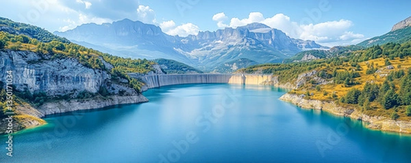Fototapeta Beautiful mountain landscape with a serene lake and a dam under a clear blue sky