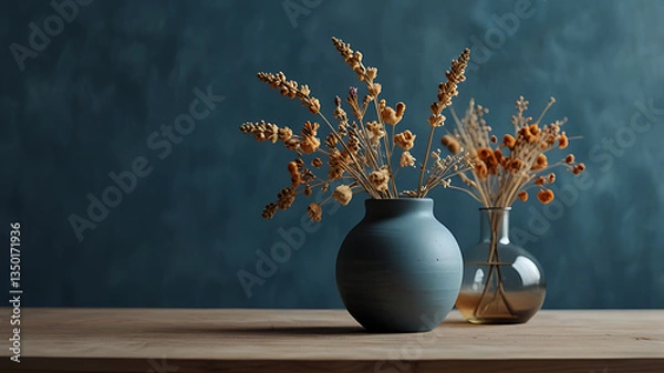Fototapeta Minimalist Dried Flower Arrangement in Vases Against Deep Blue Background

