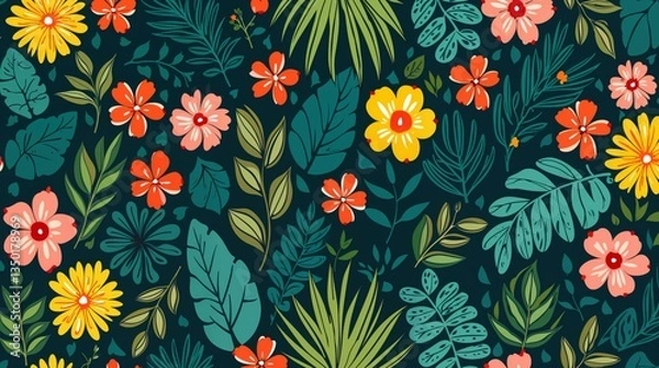 Fototapeta A striking botanical pattern with bold yellow, red, and green flowers against a deep black background. Vibrant, tropical, and perfect for statement designs.