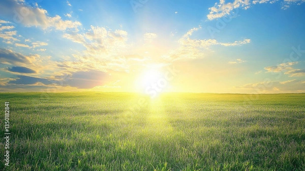 Fototapeta Serene sunrise over a lush green field, with vibrant clouds and a clear blue sky in the background