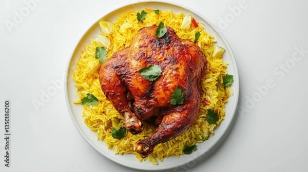Fototapeta Whole red chicken on mandi rice yellow rice top view