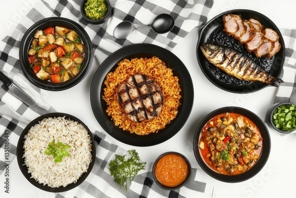 Fototapeta Highquality array of diverse dishes in cinematic top view