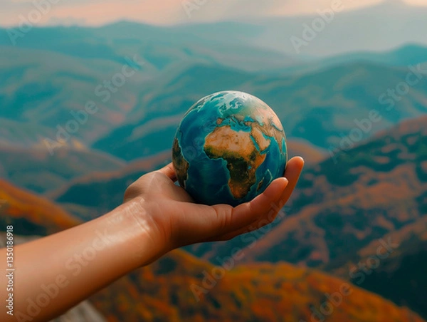 Fototapeta A hand holds a realistic miniature Earth with a mountainous landscape in the background, symbolizing global consciousness.