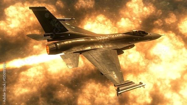 Fototapeta Fighter jet in intense aerial combat, engulfed in flames and explosions.