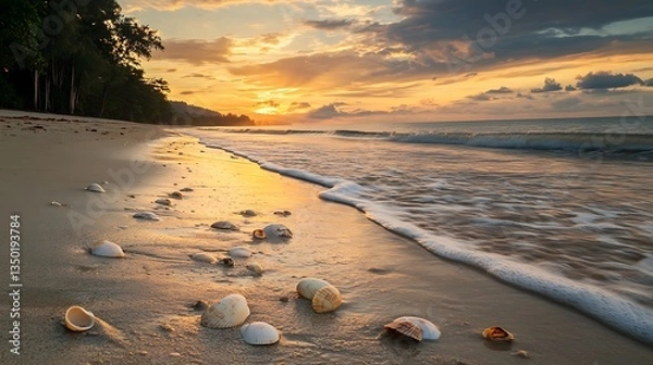 Obraz Golden sunset over a tropical beach with shells