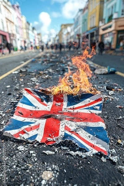 Fototapeta Burning Union Jack flag on the street during a protest in a vibrant city scene