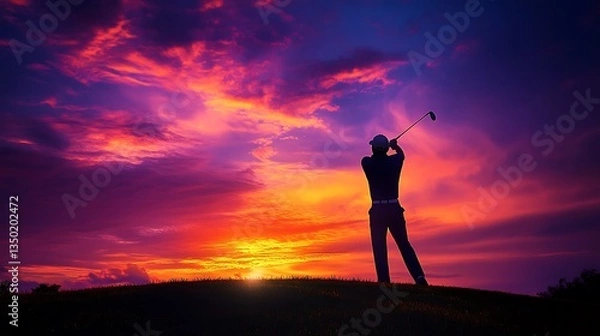 Obraz Golfer silhouetted at sunset on a golf course