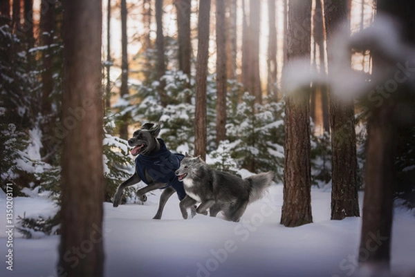 Fototapeta Amidst a serene winter landscape, a great dane and a wolfdog playfully dash through deep snow, their joy evident as they explore the tranquil forest filled with tall, majestic trees