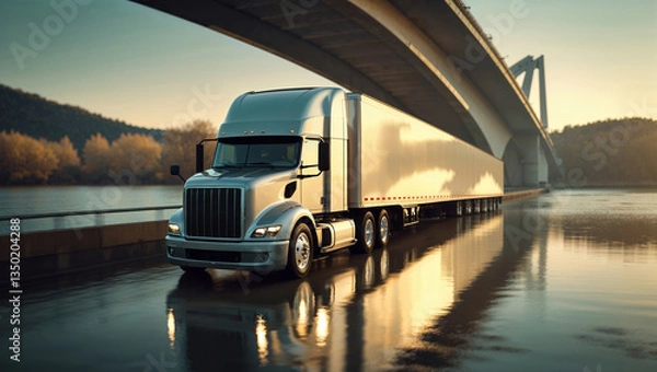 Fototapeta Large truck parked near a river under a bridge during early morning light with reflections creating a serene atmosphere