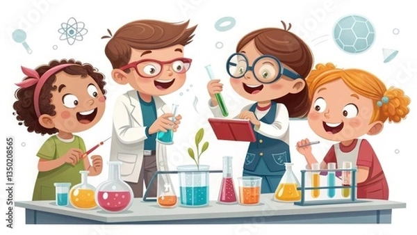 Fototapeta A group of students working on a science experiment, excited expressions, white background, HD vector artwork.