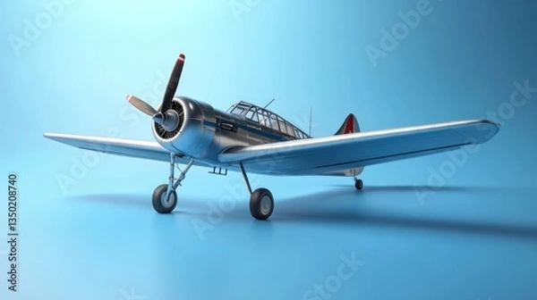 Fototapeta Silver propeller plane studio shot, blue background, aviation design