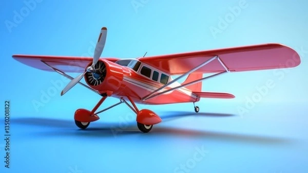 Fototapeta Red propeller plane studio shot, blue background, travel concept