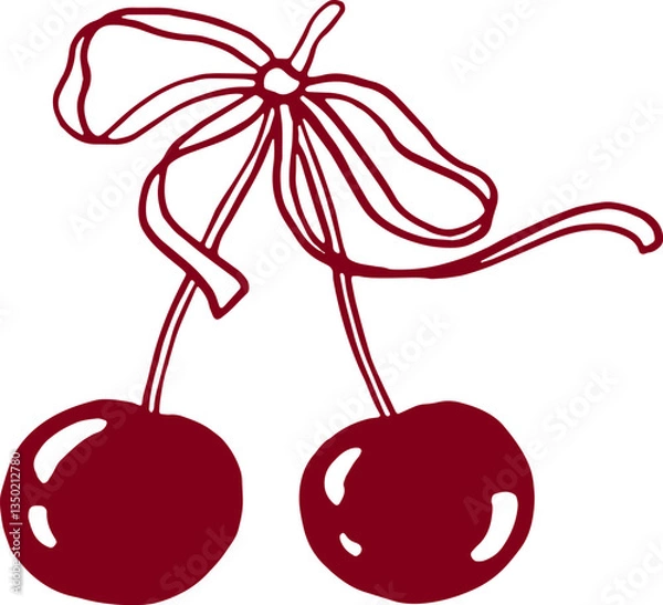 Obraz Cherries with ribbon bow. Coquette illustration.