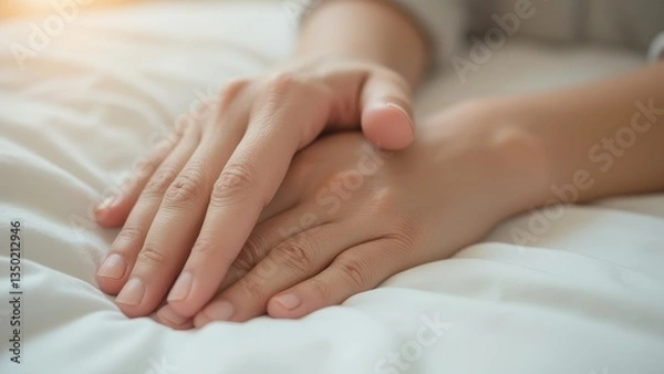 Obraz Serene Hands Resting on Soft Bedding