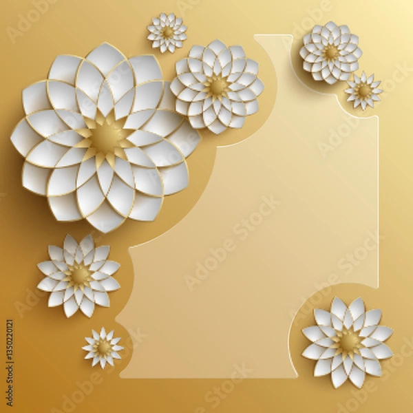 Obraz Elegant Golden Background with 3D Floral Accents in White and Gold Hues
