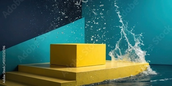 Fototapeta A high-contrast yellow podium with dramatic water splashes, set against a gradient background fading from deep navy to bright teal.