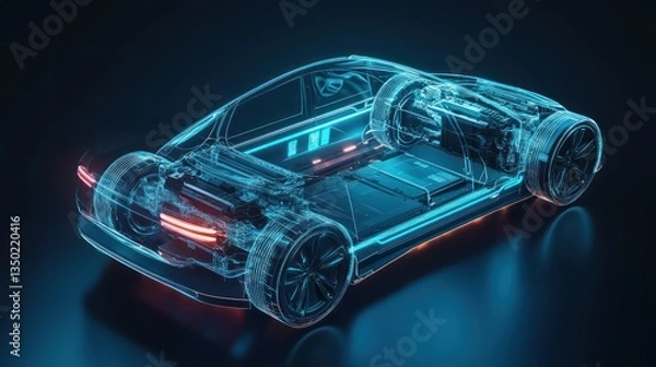 Fototapeta Electric car cutaway, studio, dark background, battery, future tech