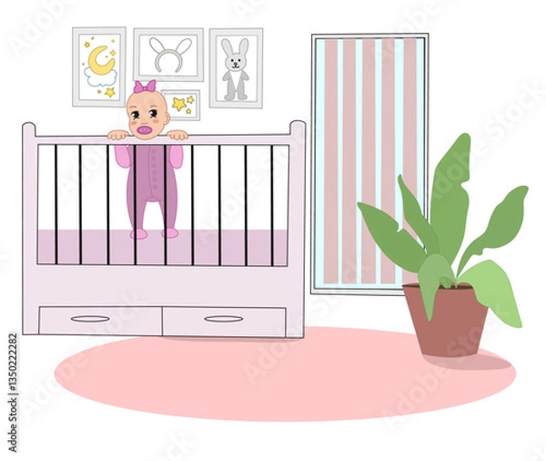 Fototapeta Cute baby girl in a pink onesie stands inside a crib, holding onto the rails vector illustration. Nursery room with framed wall art, a potted plant and a soft rug, creating a cozy atmosphere.