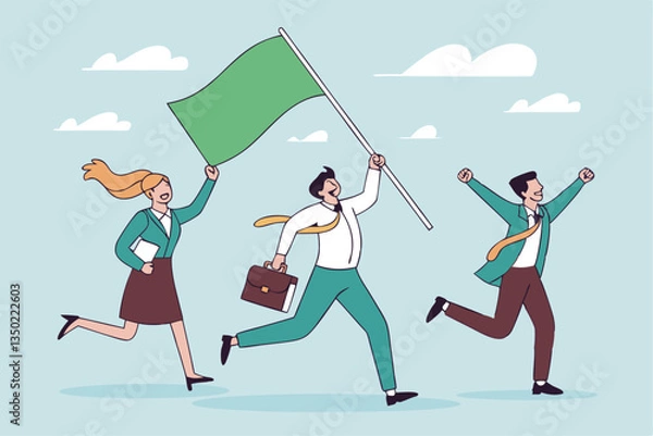 Obraz Leadership team leader to lead team to success, company ceo win business competition together, management or professional to reach goal or achievement, businessman leader hold winning flag with team.