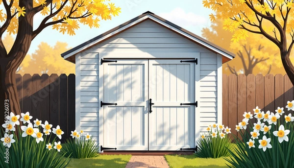 Fototapeta Charming garden shed framed by daffodils, springtime serenity