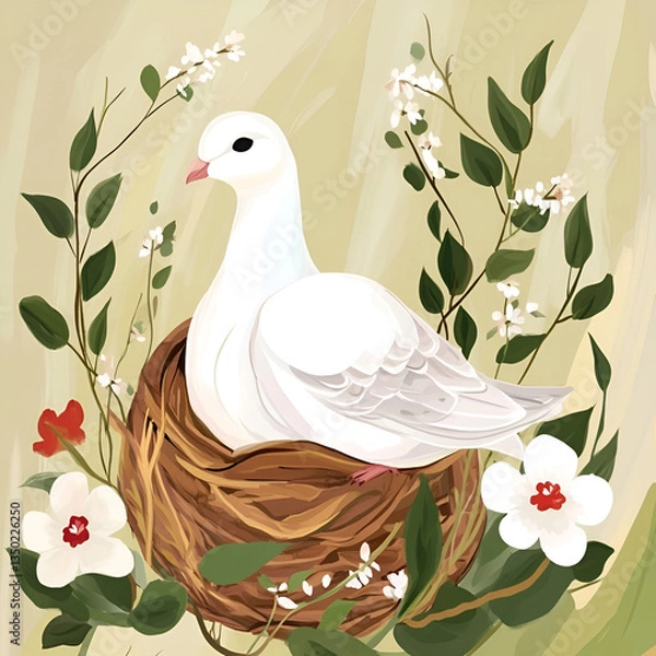 Fototapeta Illustration of white dove sitting in nest surrounded by flowers and greenery