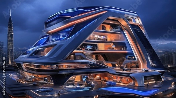 Fototapeta Futuristic, multi-level dwelling with vehicle storage