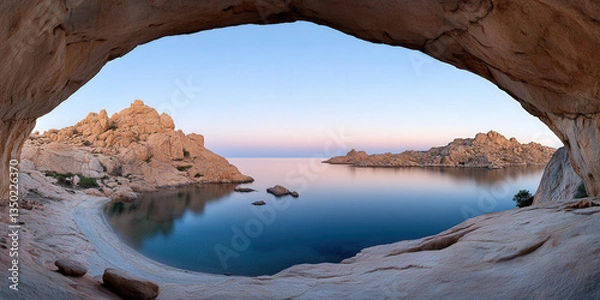 Fototapeta Vibrant colors blend as the sun sets over the ocean, casting a warm glow on towering cliffs while stars begin to appear in the clear night sky, illuminating the peaceful landscape