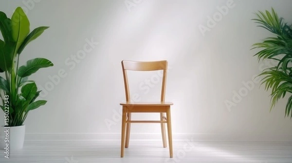 Obraz Empty light-wood chair in a bright room with plants
