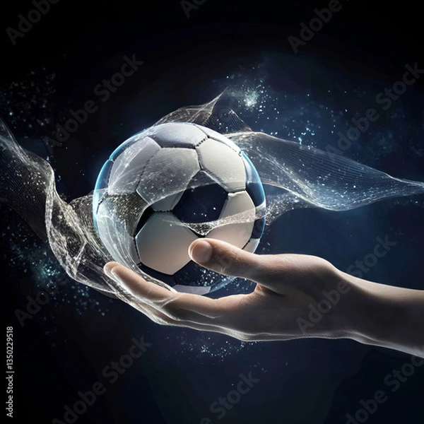 Fototapeta Hand holding a soccer ball with dynamic motion effects, dark background, energetic atmosphere, artistic representation
