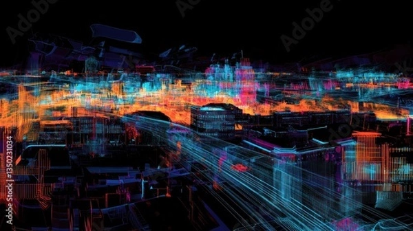Obraz Cityscape, digital art, wireframe, vibrant colors.  Possible use  Abstract urban design