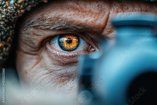 Fototapeta Hunter focusing through a rifle scope with intense gaze in a natural setting