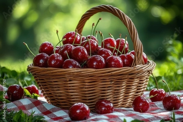 Fototapeta Freshly picked cherries in a wicker basket on a picnic blanket surrounded by green foliage in summer