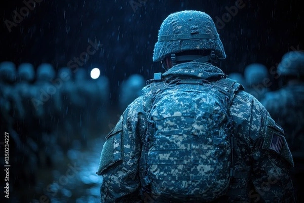 Fototapeta Soldiers prepare for a mission in the rain during a nighttime training exercise in a remote location