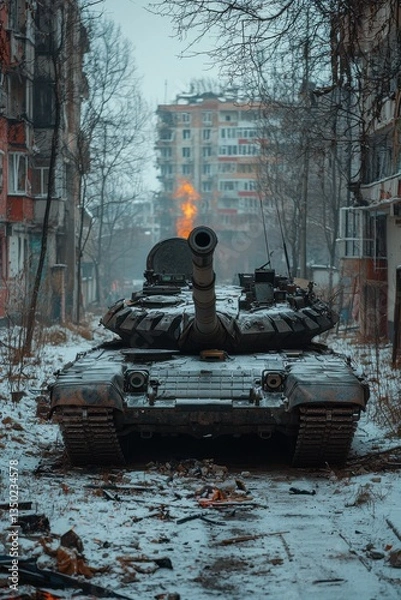Fototapeta Military tank in urban environment amidst destruction and abandoned buildings during winter