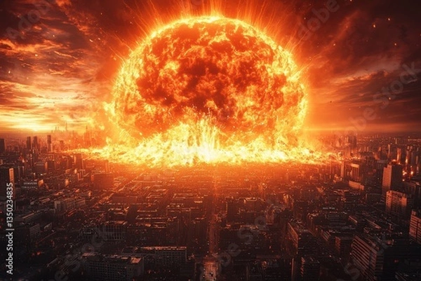 Fototapeta Massive explosion devastates city skyline during dramatic sunset display
