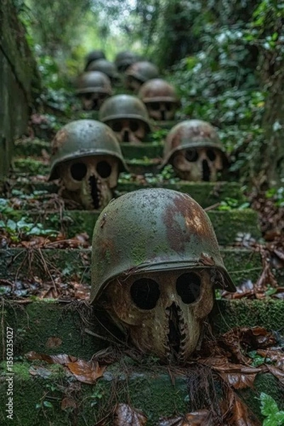 Fototapeta Collection of abandoned military helmets and skulls on overgrown steps in a forest setting creates an eerie atmosphere