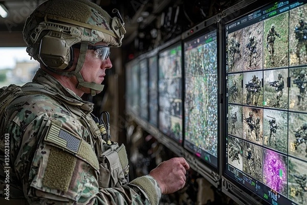 Fototapeta Soldier analyzing tactical screens in a command center during a military operation near a conflict zone