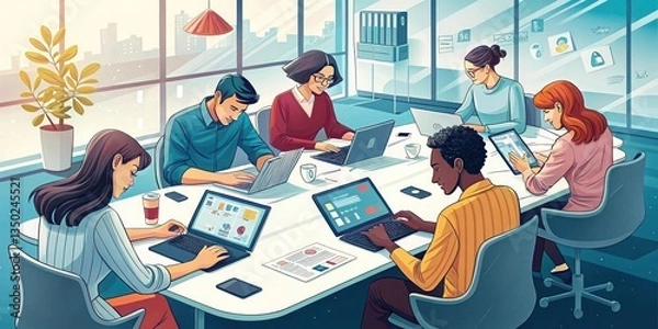 Fototapeta "A vibrant scene showing colleagues gathered around a sleek conference table, brainstorming ideas with laptops and digital tablets open."