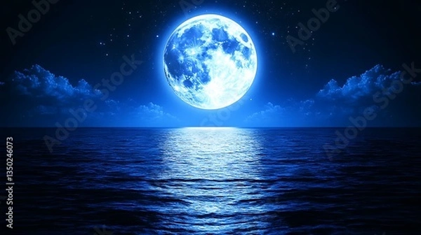 Fototapeta Blue moon over tranquil ocean at night.