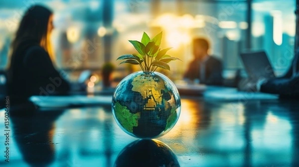 Fototapeta A modern business meeting with professionals discussing sustainability, symbolized by a digital glass globe sprouting green leaves in a bright contemporary office.