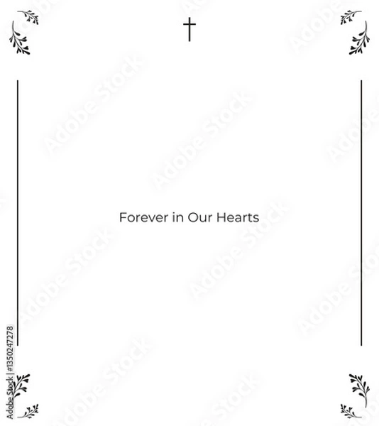 Obraz Divine Funeral Memory Invitation with Soft Light Background, Holy Frame Borders, Gentle Leaf Details, and Space for Scripture, Tribute Text, and Photo