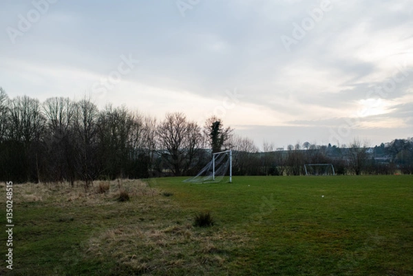 Fototapeta Eham A soccer field with a goal and a few trees in the background. The sky is cloudy and the sun is setting