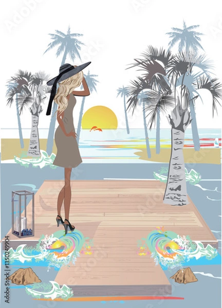 Obraz Series of relax summer backgrounds with fashion people and seacoast. Hand drawn vector illustration. 