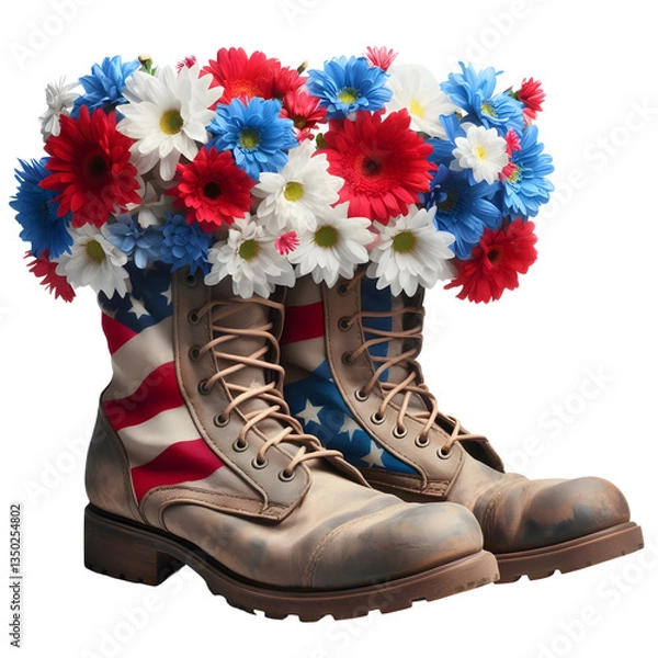 Fototapeta A pair of worn military boots, Memorial Day, isolated on transparent background